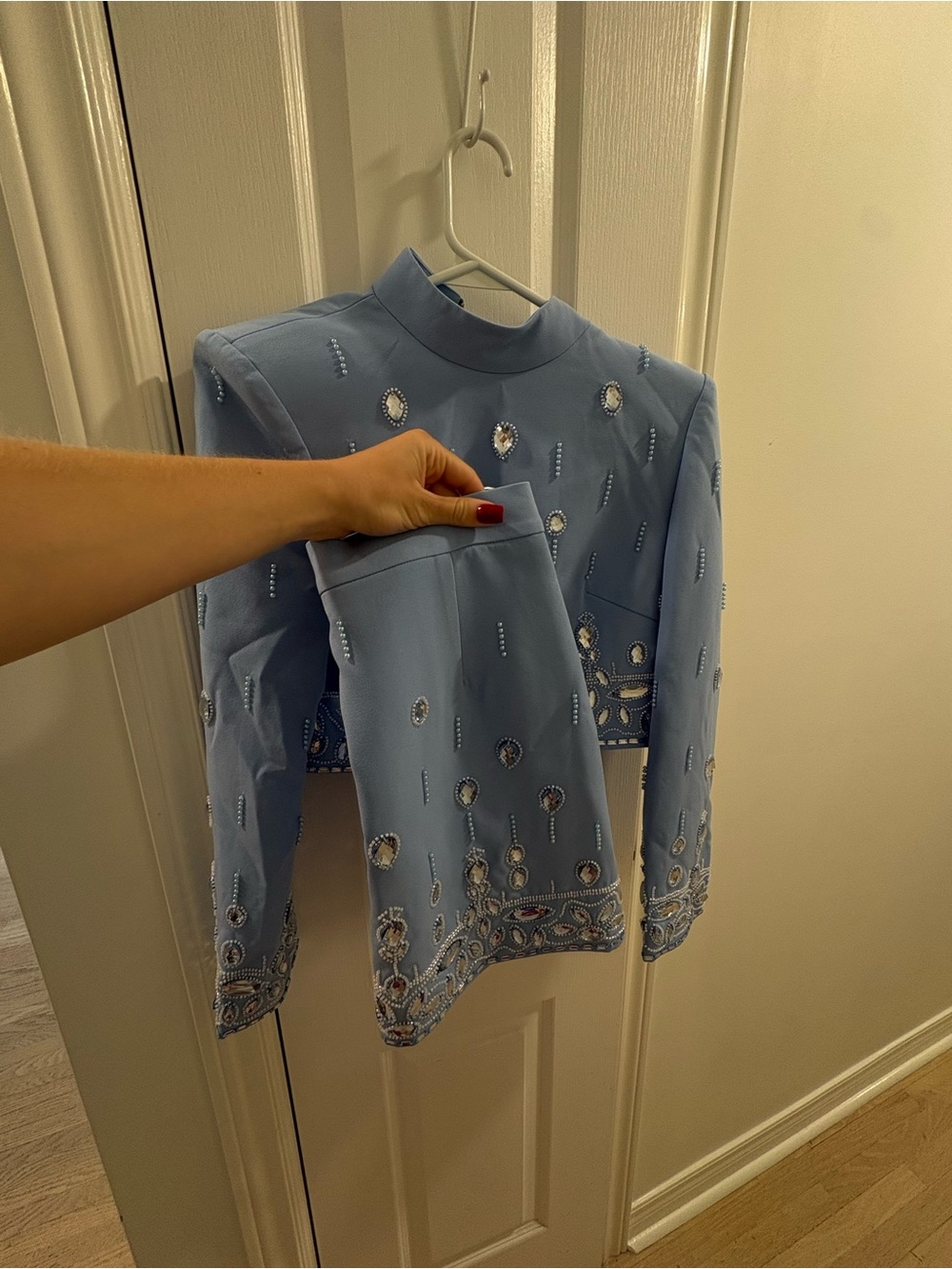 Women's Light Blue Cropped Embellished Blazer